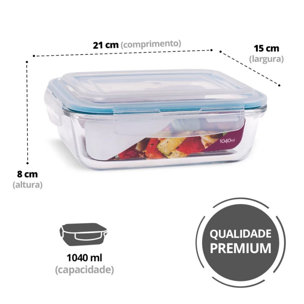 OFERTA Pote De Vidro Marmita 21x15x8cm Retangular Com Tampa Hermética 4 Travas 1040ml Top Útil Multiuso Universal