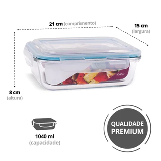 OFERTA Pote De Vidro Marmita 21x15x8cm Retangular Com Tampa Hermética 4 Travas 1040ml Top Útil Multiuso Universal