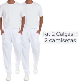 Kit 2 Calca Branca e 2 Camisa Poliester Branca Manga Curta