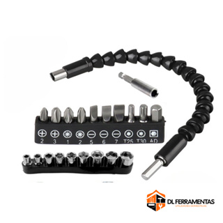 KIT FURADEIRA E PARAFUSADEIRA EXTENSOR FLEXIVEL UNIVERSAL 21 PEÇAS