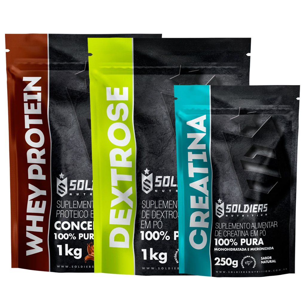 Kit: Whey Protein Concentrado 2Kg + Dextrose 1Kg + Creatina Monohidratada 250g – 100% Importado – Soldiers Nutrition