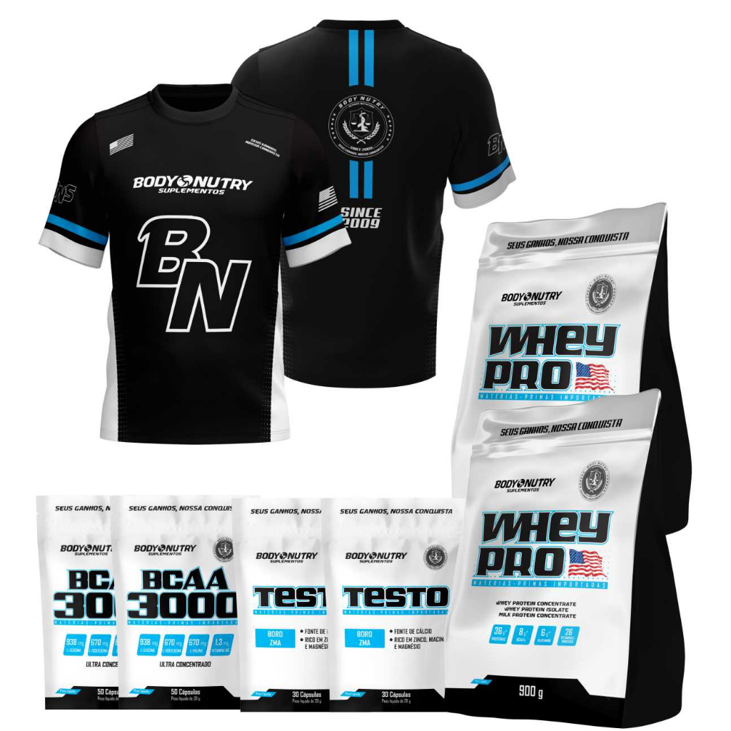 Kit 2x Whey Pro Protein isolado & Concentrado Zero Soja, 900g + 2x Bcaa + 2x Testo + Camisa de treino