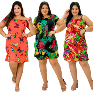 Kit 3 Vestidos Plus Size Camisão Viscose Liso e Estampado Modelos e Estampas Variadas