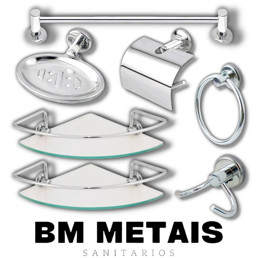 Kit Acessórios Banheiro inox 5peças + 2 Porta Shampoo Canto