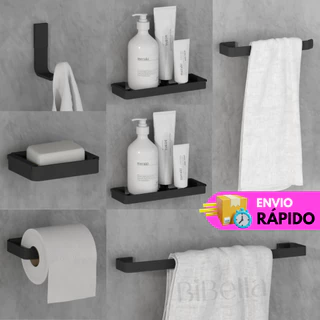 Kit Acessórios Para Banheiro com 7 peças - Preto Fosco - Cromado - Branco - Rose Gold - Decoração Prateleira Banheiro