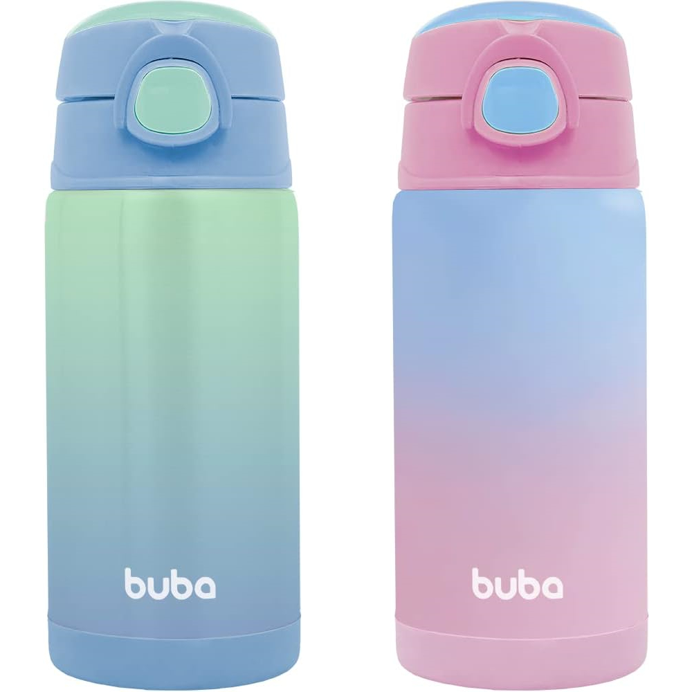 Garrafa Térmica Infantil Com Canudo Aço Inox Buba Menina e Menina Azul Rosa Garrafinha Degrade