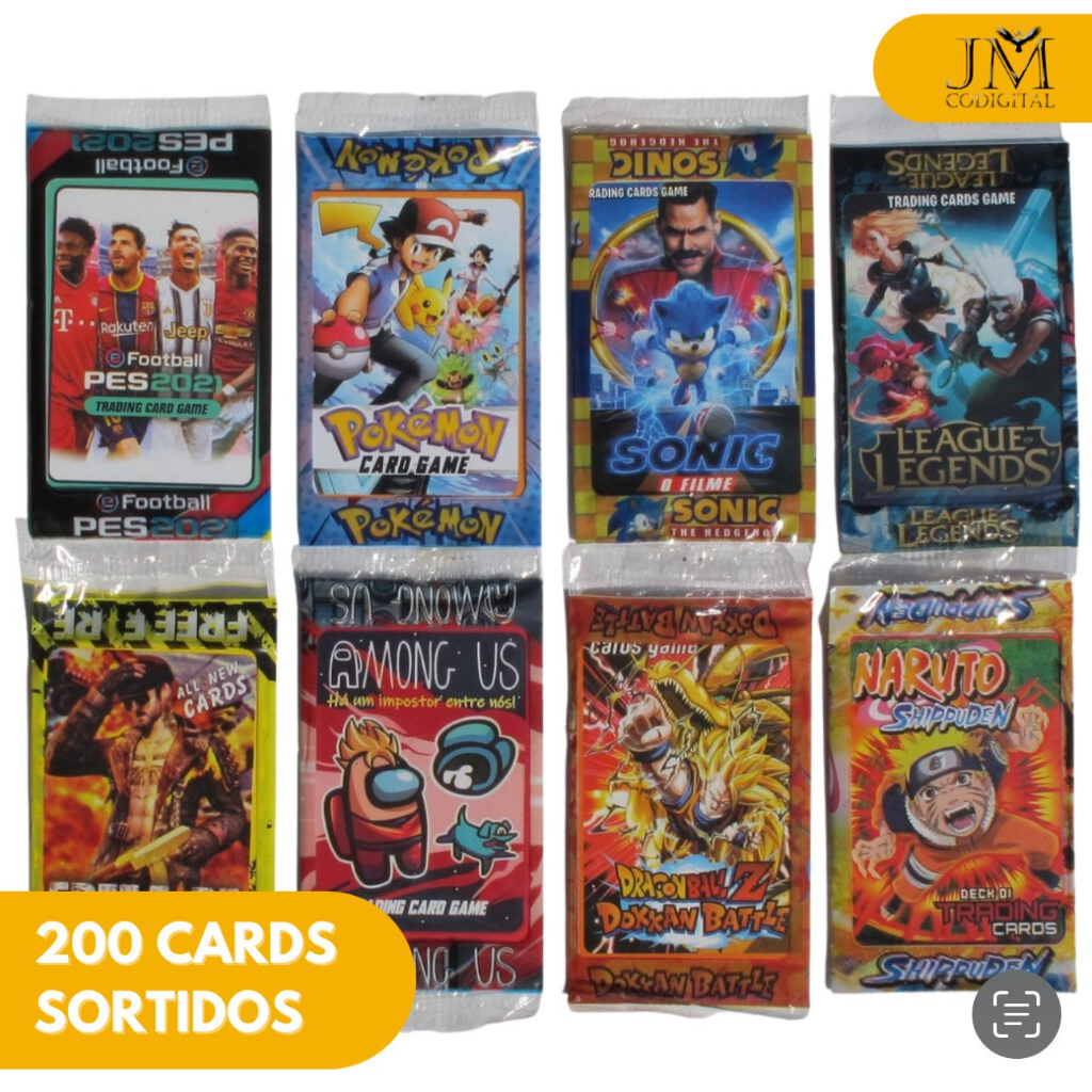 Kit 200 Cards Misturados - Fifa 23, Naruto, Homem Aranha, Dragon ball, Vingadores, Free Fire