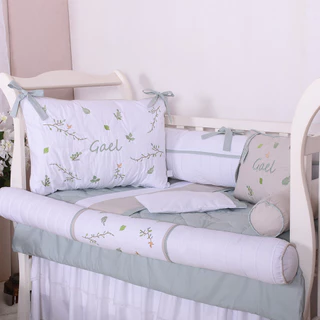Kit Berço Personalizado Arbo Branco/Verde/Bege - 09 Peças