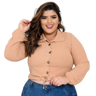 Blusa Feminina Cropped Camisa Plus Size Social Botões Em Dunna Manga Longa Bulfante - Eduarda