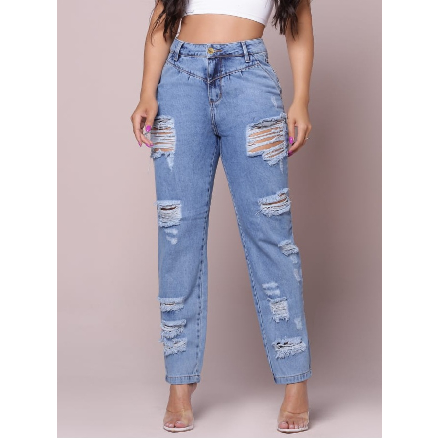 Calça Mom Rasgada 38 ao 44 Jeans Claro Feminina Destroyed | Shopee Brasil