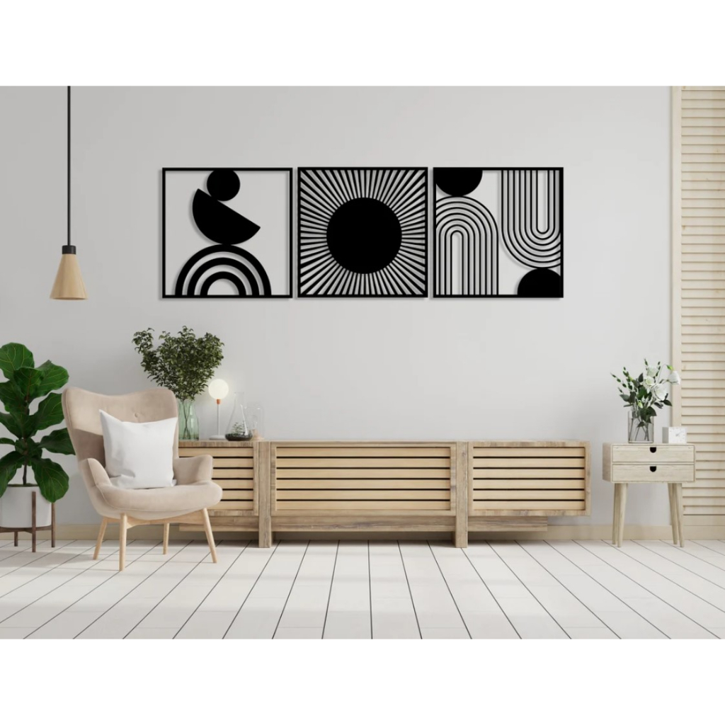 3 Quadros Arte de Parede Minimalista Moderna de Meados do Século - Decoração Geométrica Abstrata Neutra Boho 40cm mdf clássico madeira preta