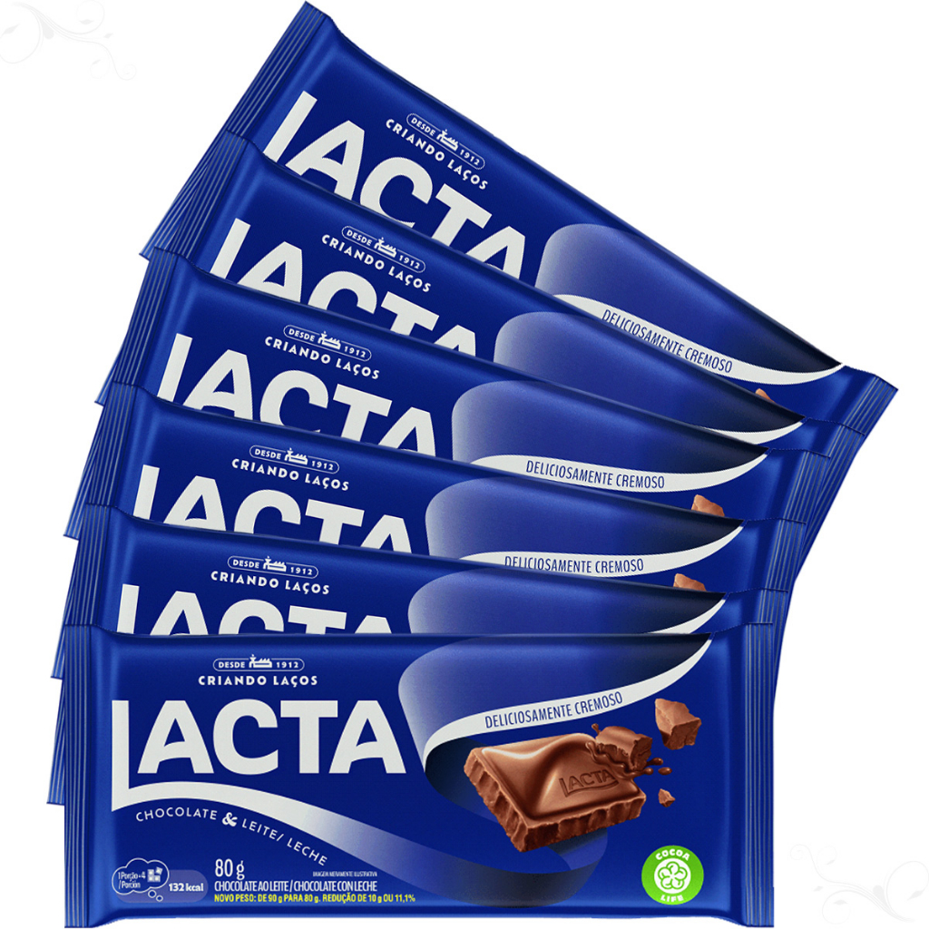 Barra de Chocolate Lacta ao Leite 80g tablete barrinha - 06 unidades