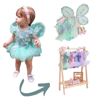 Vestido jardim encantado kit 4 peças romper jardim asa borboleta fantasia jardim encantado