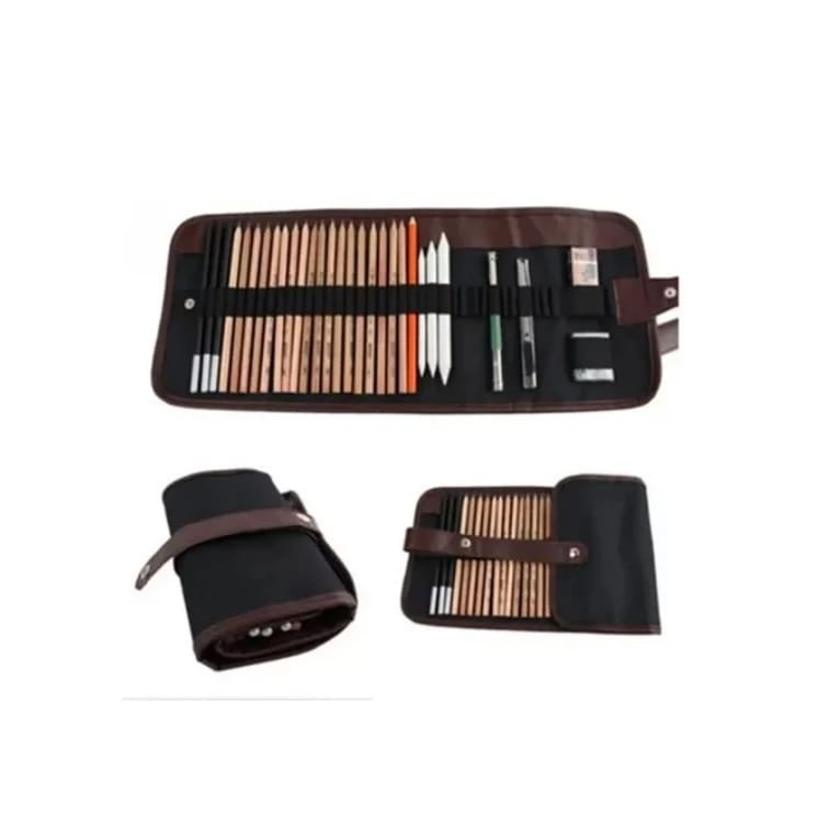 Lapis De Cor E Estojo Couro Preto Para Desenho Kit 29 Peça Boa Qualidade Profissional Arte Colorido