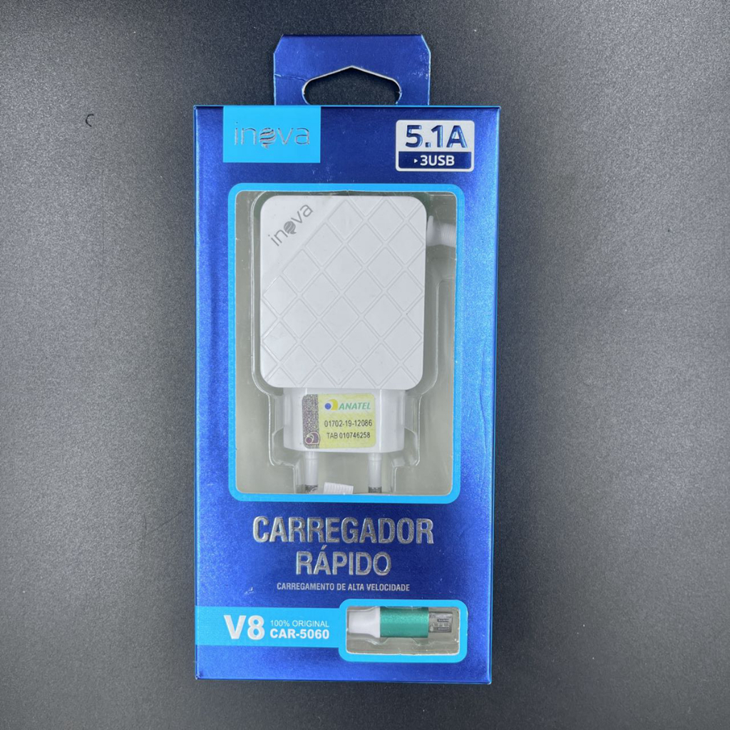 Carregador celular rápido 5.1a entrada tipo-c/v8 3 usb inova prime
