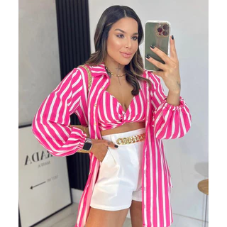 Conjunto Listras Feminino Kimono Chamise e Cropped