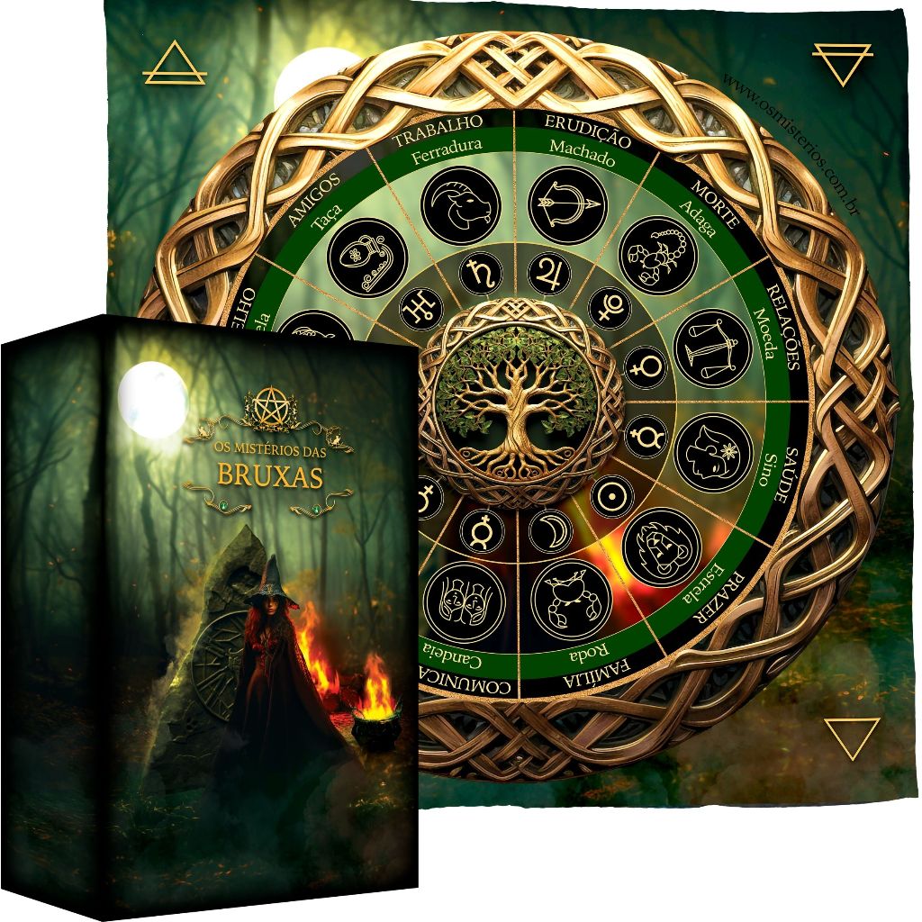Kit Especial Mistérios das Bruxas - Tarô e Toalha para Tarot Oráculo Wicca 36 Cartas Plastificado com Manual Mandala Astrológica