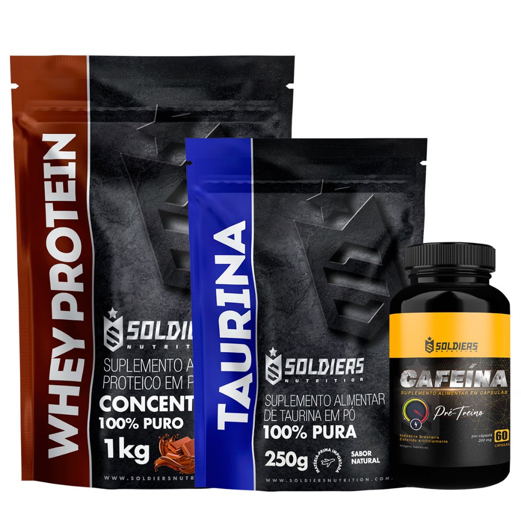 Kit: Whey Protein Concentrado 3Kg + Taurina 250g + Cafeína 60 Caps 200mg – 100% Importado – Soldiers Nutrition