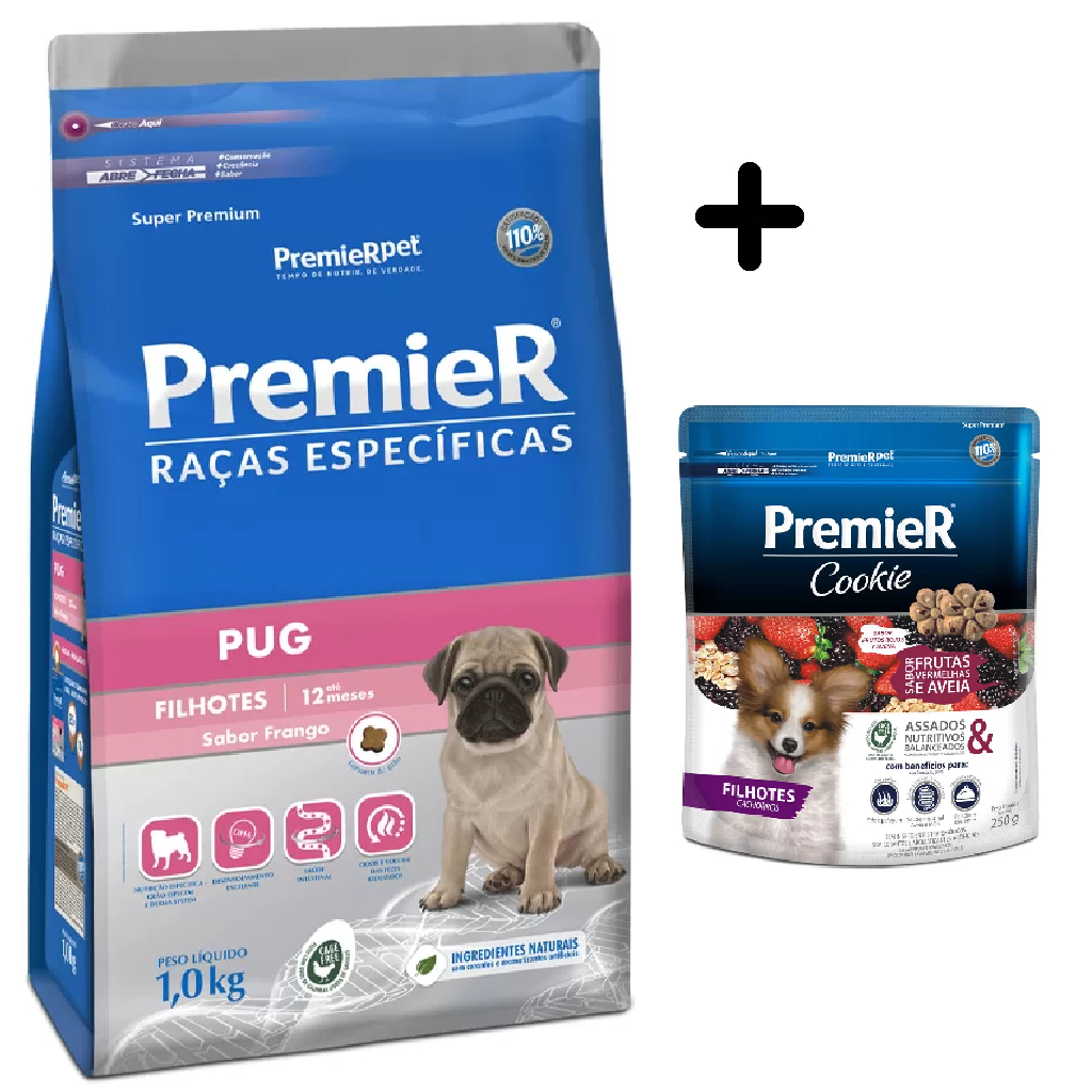 Ração Premier Raças Específicas Pug Filhote 1kg + Cookie Premier Frutas ...