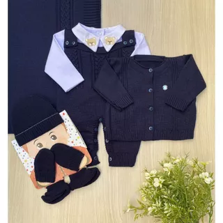 Saída De Maternidade Azul Marinho Menino Tricot + Kit Gorro