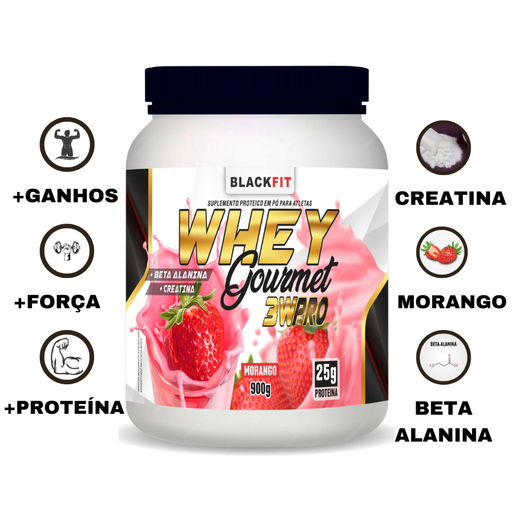 WHEY Gourmet 3w Pro Sabor Morango Beta Alanina Creatina Melhor que Max Titanium Growth Creatina BCAA Pré Treino Ganhe Massa Muscular