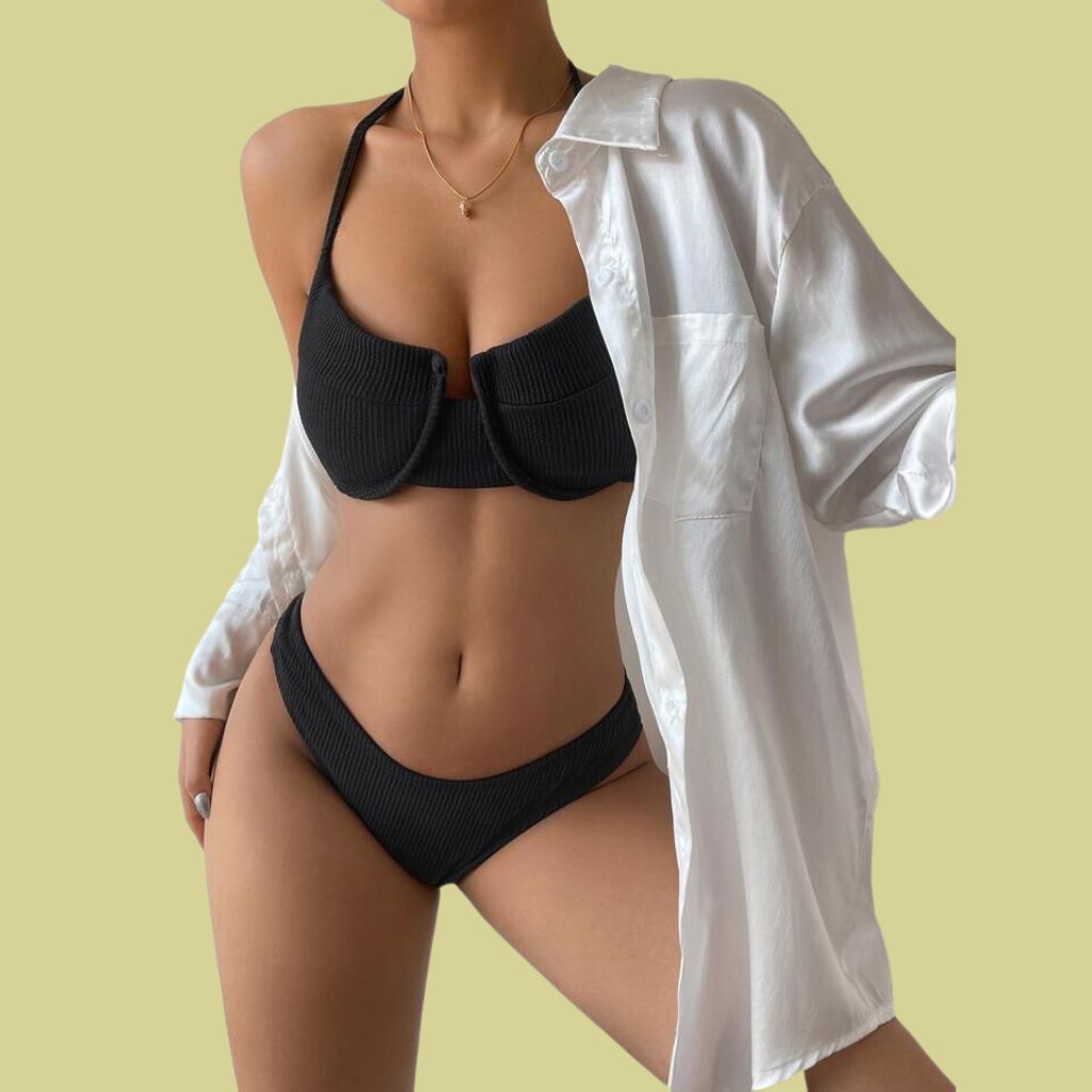 Biquíni Cintura Alta Feminino Meia Taça Canelado com Aro Neon Marquinha Moda Verão Blogueira Gringa Promoção