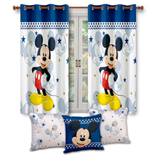 Kit Cortina Infantil Criança Menino Mickey 2,00 metros x 1,50 metros Com 3 Capas De Almofadas