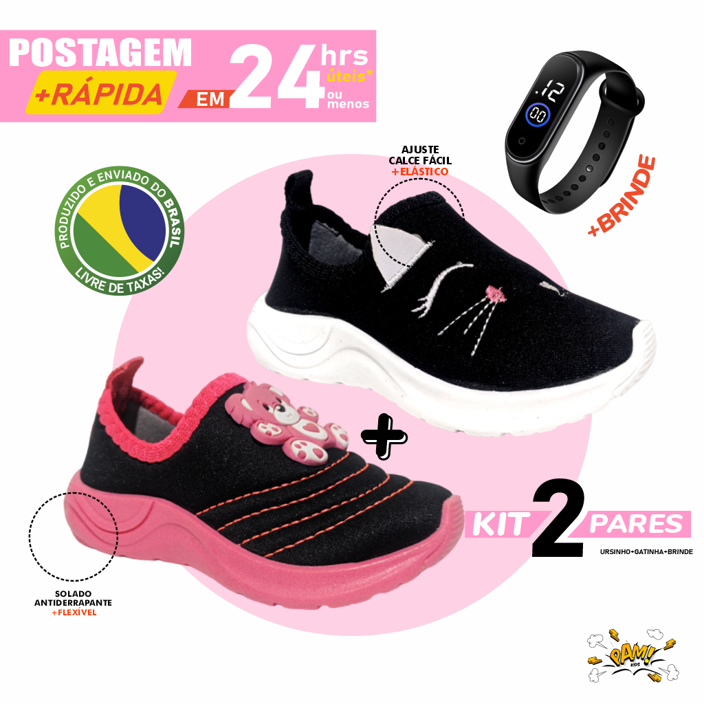 Sapato feminino infantil menina kit com dois pares 2 bordado e emborrachado aplique novidade confortável e leve