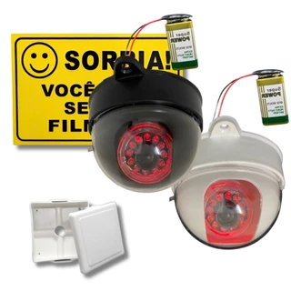 Kit Câmera Falsa Dome com Led Bivolt + Bateria 9V + Placa Sorria + Caixa Organizadora