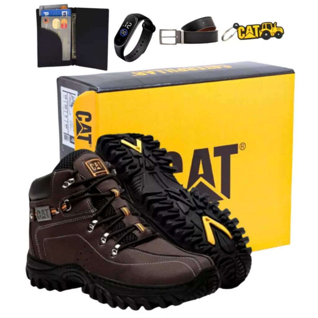 Botina Bota Caterpillar Masculina Adventure Trilha De Couro Costurado Impermeável + Cinto Carteira Relogio e Chaveiro