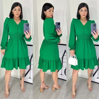 Vestido Feminino Midi Liso Com Manga Longa e Elastex na cintura / Gola V