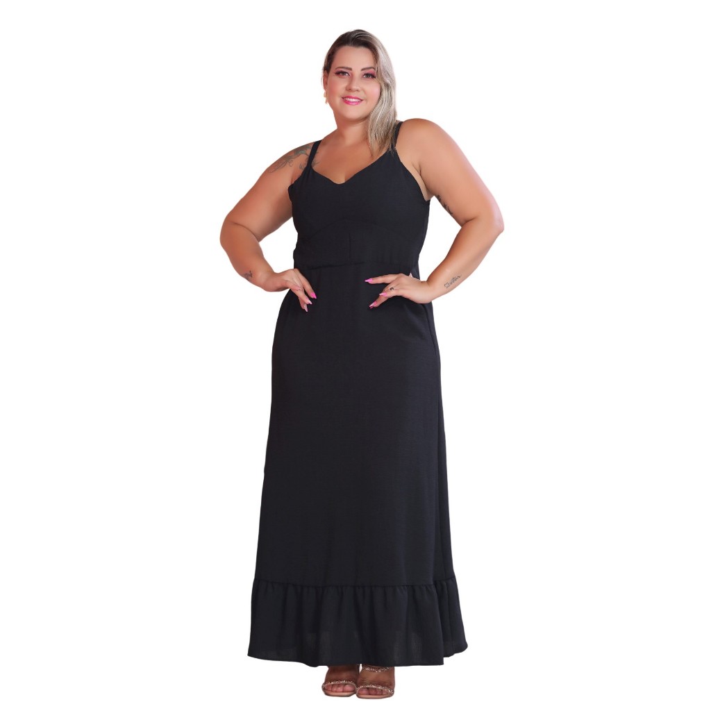 Vestido Longo Plus Size Liso Alcinha Novo Atras Com Estica/:COD:V55 ...