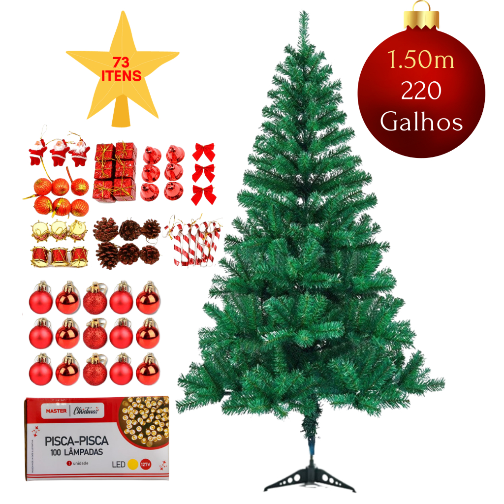 Árvore Natal Pinheiro Premium 150cm 1,50m 220 GALHOS Enfeitada Decorada Luxo Kit 73 Enfeites Completa Enfeites Papai Noel Natalino