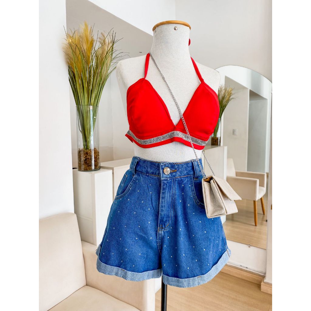 Top Cropped Alfaiataria strass com amarrações no pescoço e costas top ...