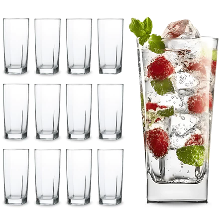 Jogo de 12 copos vidro 320ml bali quadrado luxo transparente