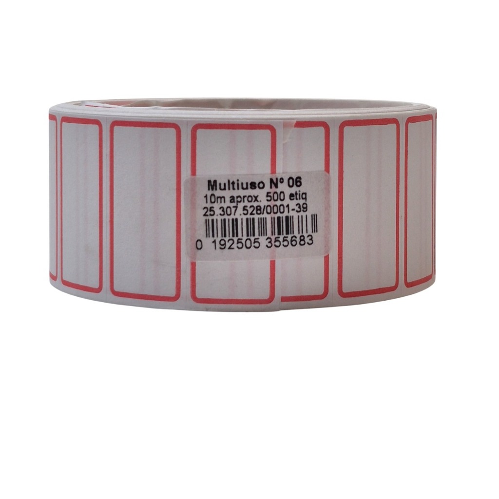 5 ROLOS C/ 500 Etiquetas fundo branco Tarjada VERMELHO Multi