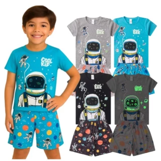Pijama BRILHA NO ESCURO Infantil Menino Verão Astronauta - Hey Kids em Oferta na Shopee
