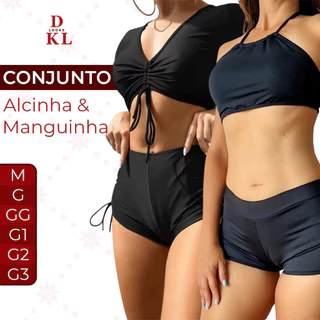 Conjunto Biquíni Top Manguinha Alcinha Croped E Shorts Cordinha Lateral Sunquini Moda Praia em Oferta na Shopee