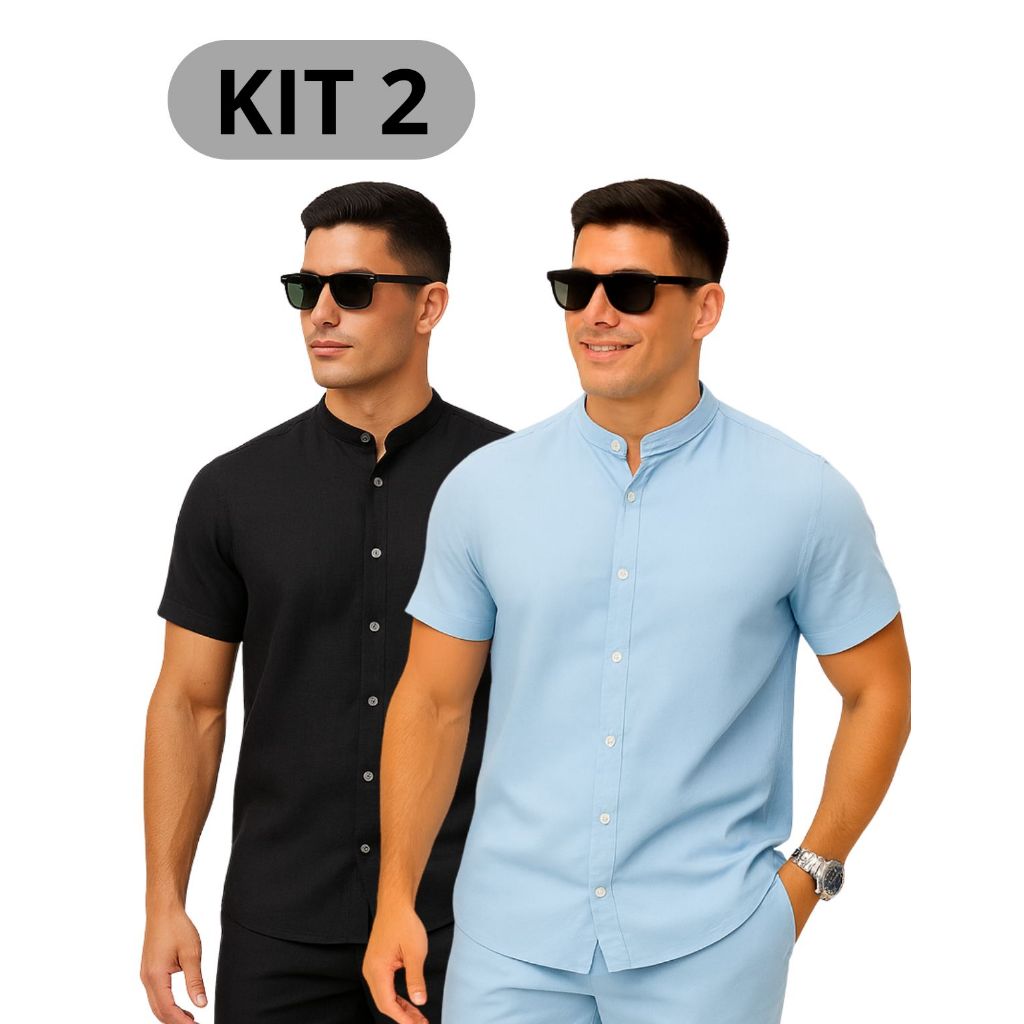 Kit Camisa Social De Linho Masculina Gola Padre Manga Curta De