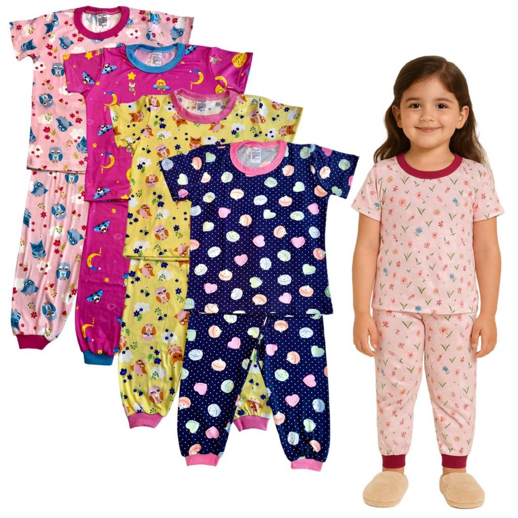 Kit 2 Pijamas Infantil Menina Estampado Inverno 2 Blusas Manga Curta 2 Calças Com Punho
