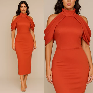 LANÇAMENTO - Vestido Gola Mídi Detalhe de Mangas Franzida - Noiva Civil / Batizado/ Festa / Casamento / Formatura