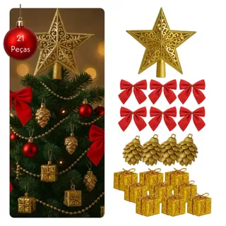 Enfeite Para Árvore de Natal 21Pçs - Estrela Mini Presente Pinha Laço