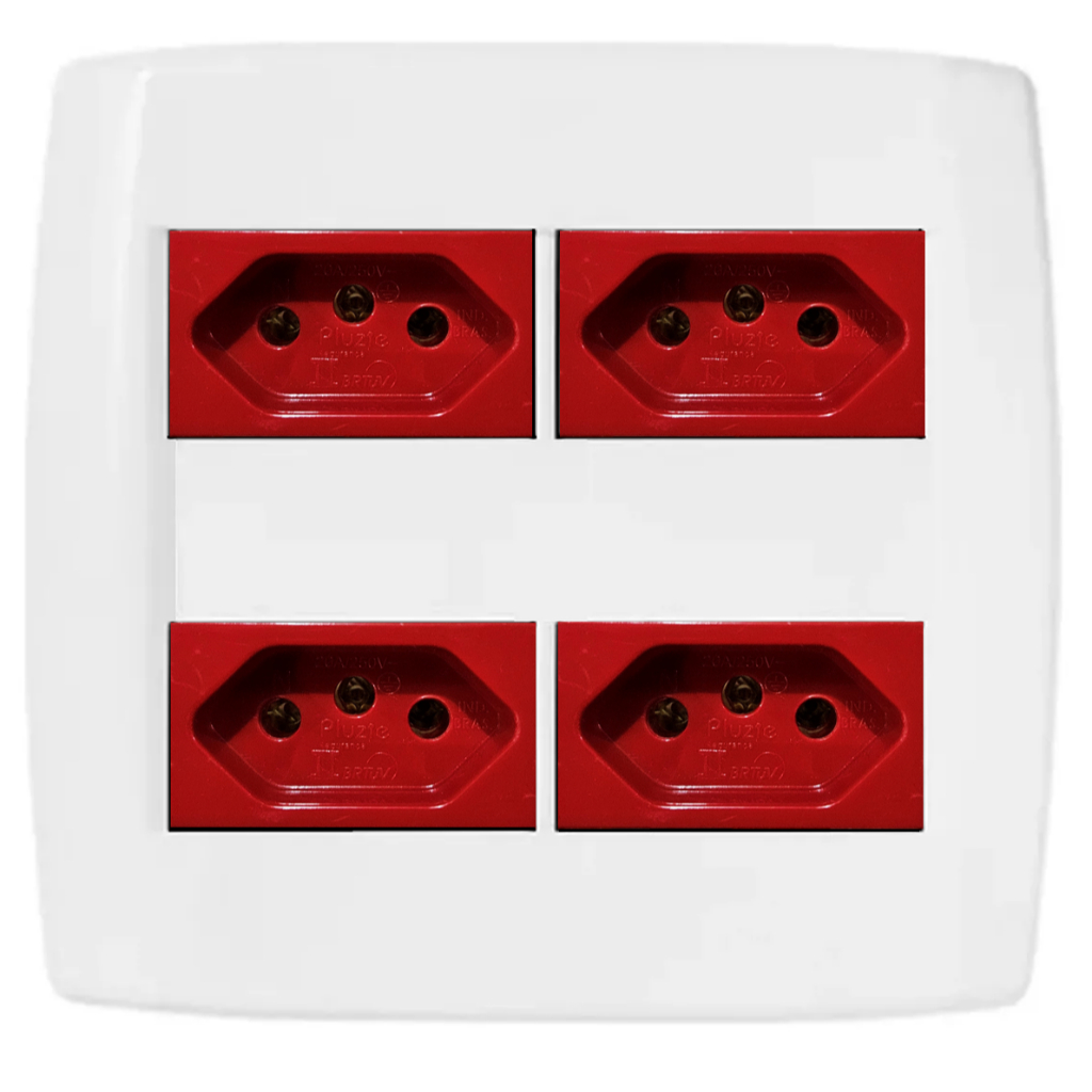Tomada 4x4 com 4 Tomadas Vermelha 20a Modular Pluzi Branca Pluzie ...