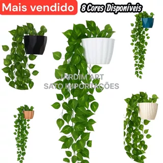 1 Kit Vaso Plastico Ceremico + 2 Planta Pendurada Verde Artificial Parede Varanda pendente verde caida Enfeite