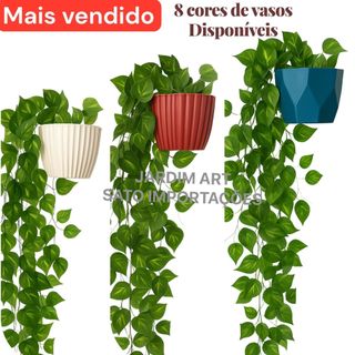 1 Kit Vaso Plastico Ceremico + 2 Planta Pendurada Verde Artificial Parede Varanda pendente