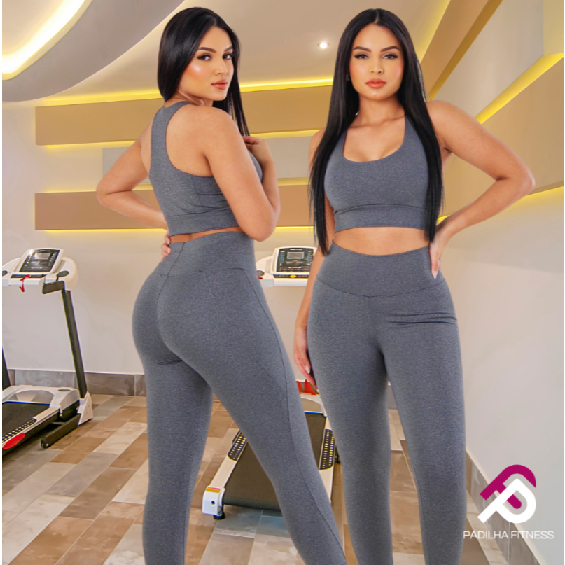Conjunto Top + Calça Legging Cintura Alta Feminino Mescla confortável não é transparente Forro Duplo