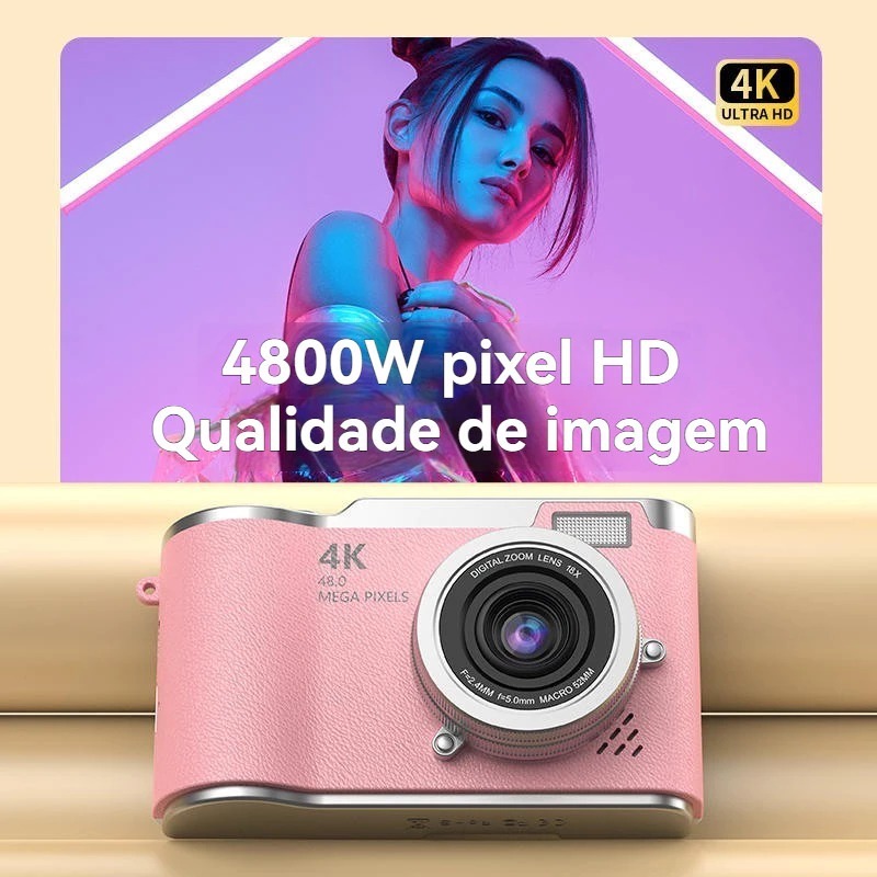 Câmera Digital CCD 8X com Zoom, Tela LED 2,4, Flip, foco