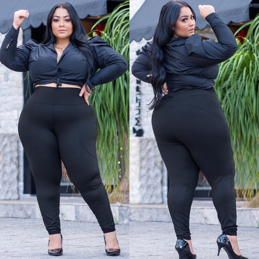 Calça Legging Feminina Preta Academia Suplex Cós Alto Grossa Plus