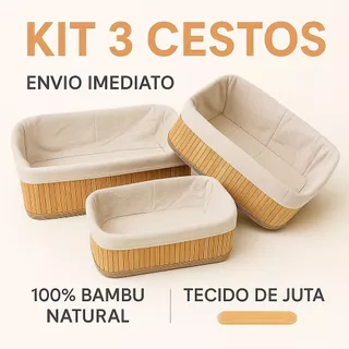 Kit 3 Cestos Organizadores de Bambu Multiuso Forro Organizador Objetos Quarto Roupa Banheiro