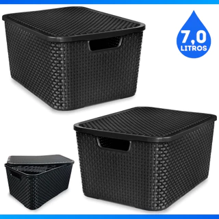 Kit Com 2 Cesto Caixa Organizadora Rattan Com Tampa 7 Litros Preto Multiuso - MEGA PROMOÇÃO em Oferta na Shopee